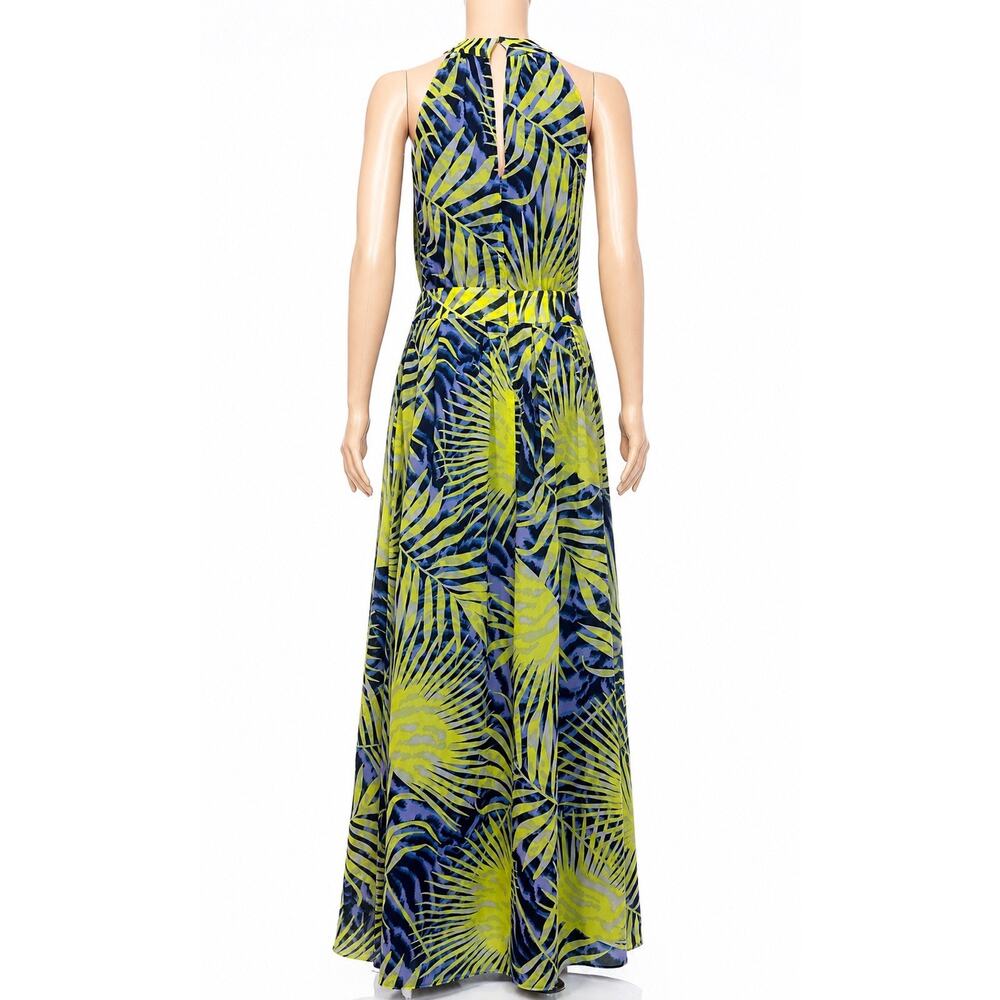 GUESS by Marciano Womens L Tropical Halter Maxi Dress Gold Belt Blue Yellow - Picture 2 of 13